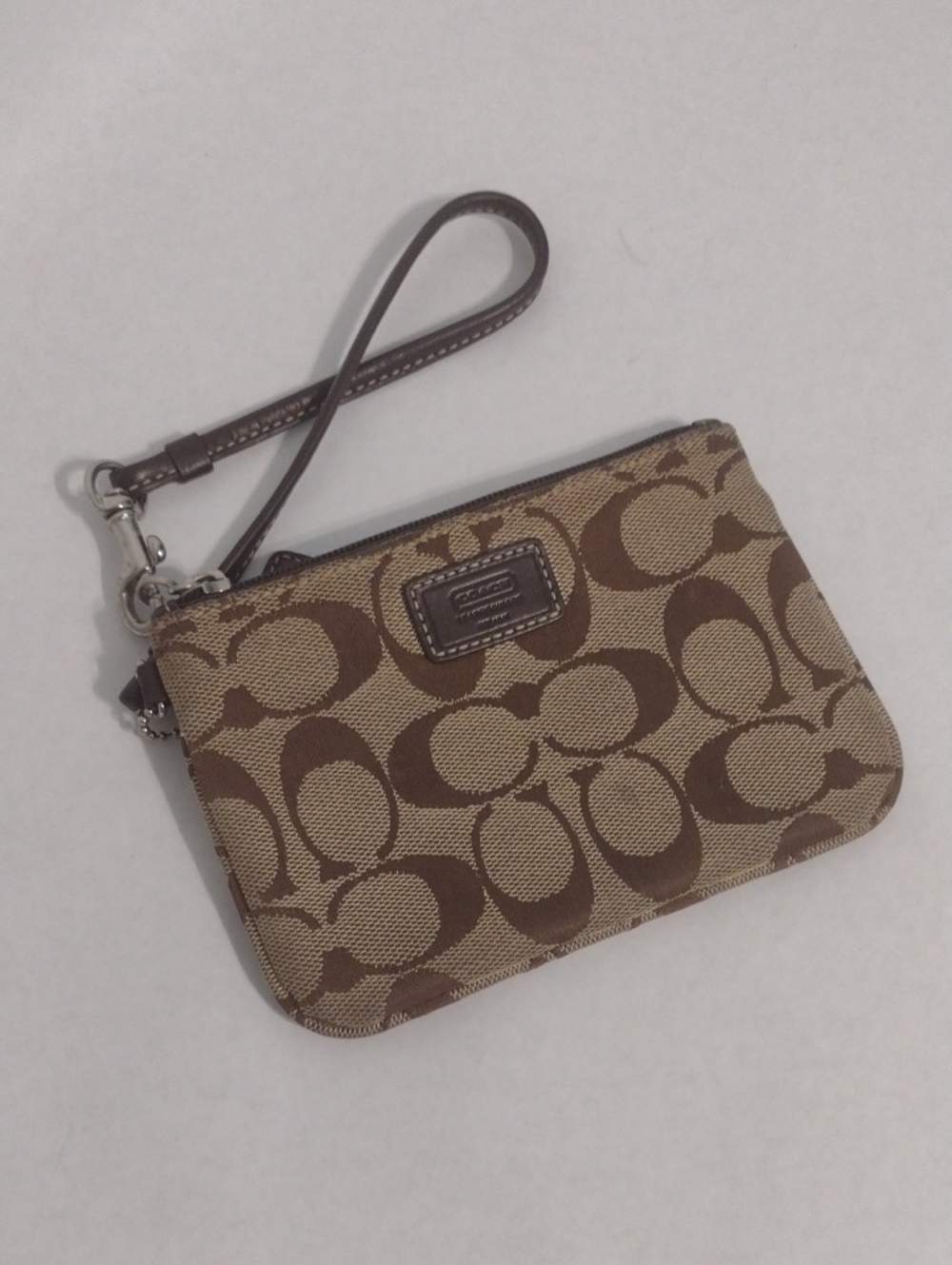 Coach Brown And Tan Signature Canvas Wristlet with Leather Strap (J843)